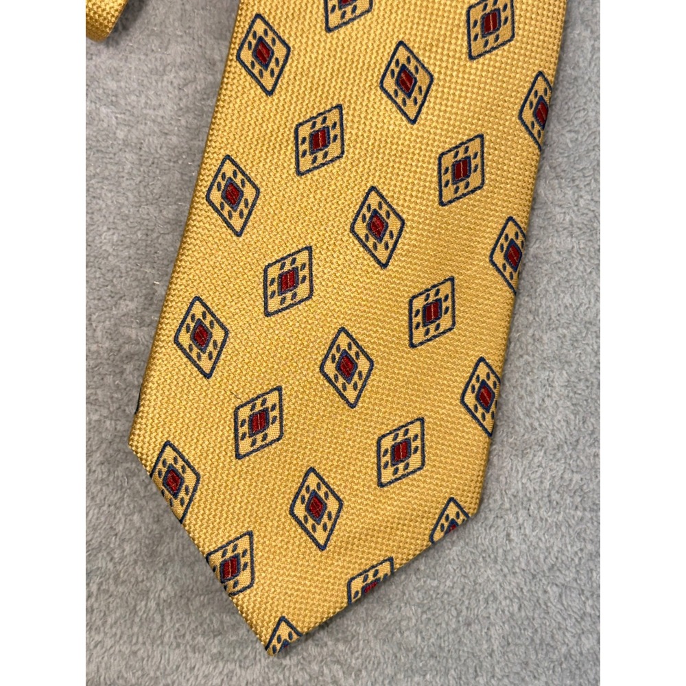 Jos A Bank Mens Silk Tie Gold Yellow Red Navy Blue Geometric Diamond Made Italy